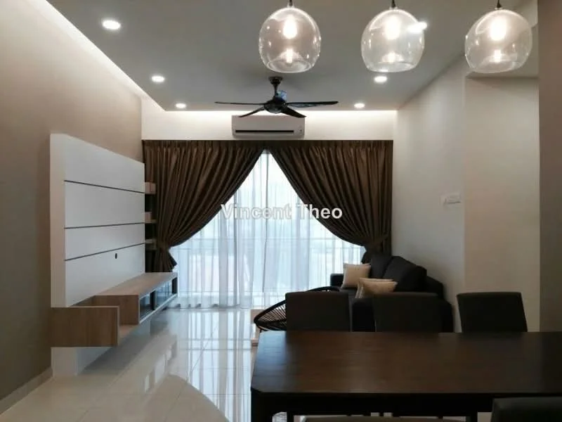 Living features: 3-seater fabric sofa in dark grey, 2-seater fabric sofa in beige, wooden coffee table, TV console with wall-mounted TV, floor-to-ceiling windows with sheer curtains, recessed downlights, 5-blade ceiling fan with light, decorative wall panel, area rug, dining table with chairs, curtains in brown, white painted walls, glossy tile flooring; style: modern; view: city.
