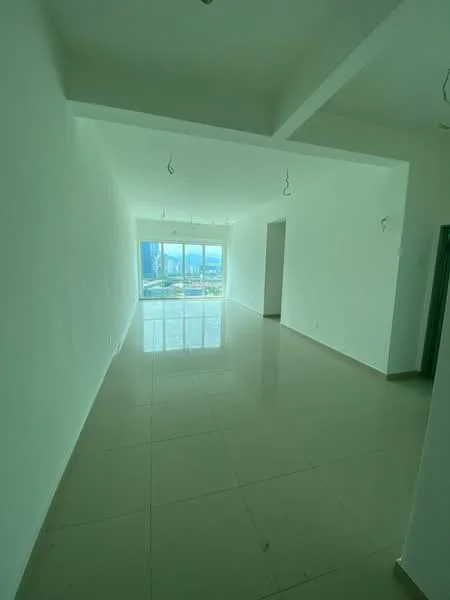 Room features: white painted walls, polished ceramic tile flooring, tray ceiling, floor-to-ceiling windows, city view, multiple ceiling light fixtures; style: modern; view: city.