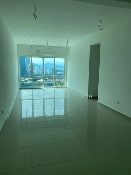Living features: white painted walls, glossy ceramic tile flooring, floor-to-ceiling windows, city view, recessed downlights, hanging light fixtures, open layout, neutral color scheme; style: modern; view: city.