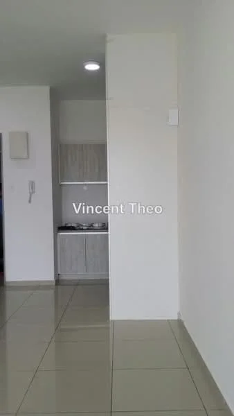 Room features: white painted walls, glossy tile flooring, recessed downlights, kitchen cabinetry with wood finish, kitchen countertop, sink, kitchen appliances, telephone intercom, wall-mounted light switch; style: modern.