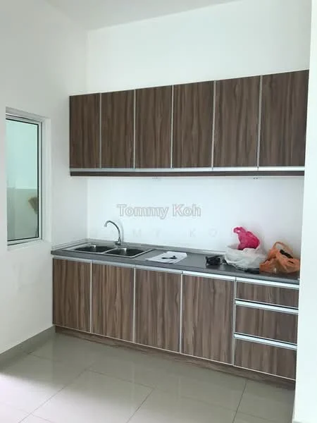 Kitchen features: brown wooden cabinetry, stainless-steel countertop, single-bowl stainless-steel sink, chrome pull-down faucet, ceramic tile flooring, white painted walls, window with view, upper cabinets, lower cabinets; style: modern.