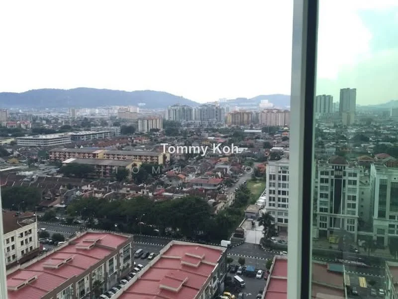 Exterior type: high-rise condominium; features: city skyline view, surrounded by urban landscape, visible residential buildings, mountain backdrop, multi-storey car parks, mixed-use development; style: modern.