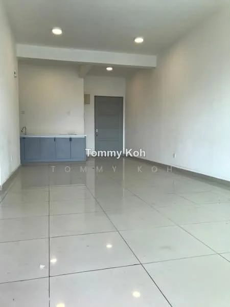 Room features: white painted walls, polished ceramic tile flooring, recessed downlights, grey cabinetry, single door, open space layout; style: modern.