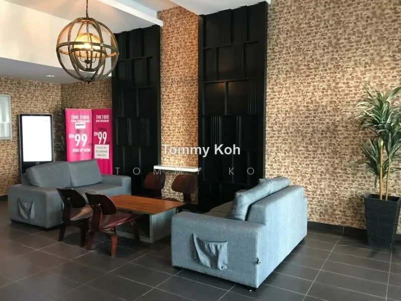 Living features: grey fabric 3-seater sofa, grey fabric 2-seater sofa, wooden coffee table, black accent wall with paneling, textured wallpaper with brown pattern, potted plant, floor-to-ceiling window, tile flooring; style: modern.