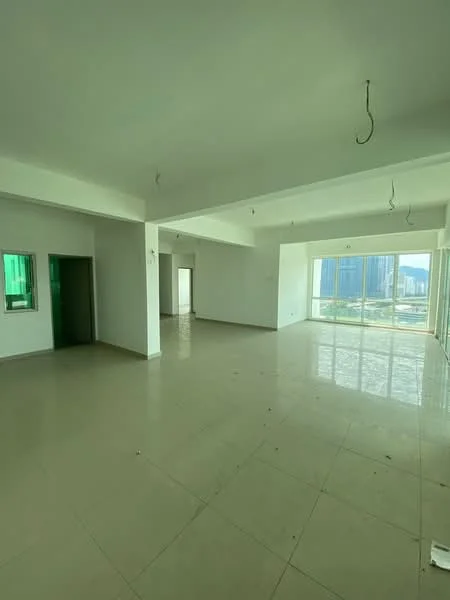 Room features: white painted walls, polished ceramic tile flooring, exposed ceiling with hanging light fixtures, large floor-to-ceiling windows, city skyline view, open layout, multiple doorways, natural light; style: modern; view: city.