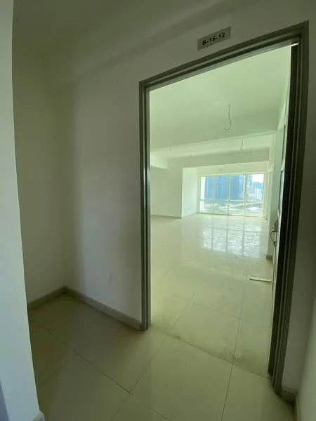 Room features: white painted walls, light-colored tile flooring, large windows allowing natural light, ceiling with no visible fixtures, doorway leading to another room, open layout, neutral color scheme; style: modern; view: city.