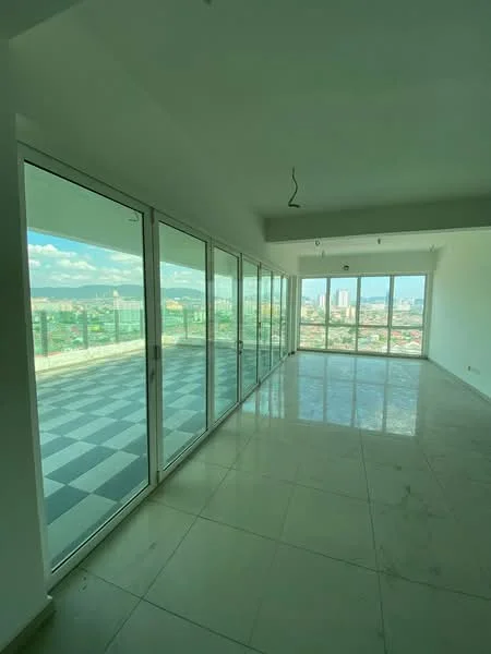 Room features: floor-to-ceiling windows, sliding glass doors, white painted walls, polished tile flooring, open layout, city view, natural light, high ceilings; style: modern; view: city.