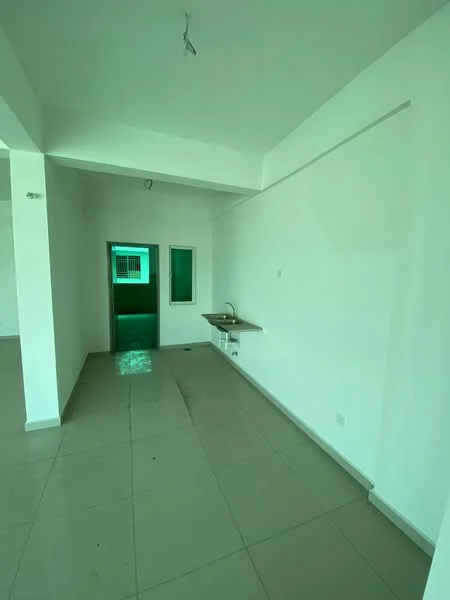 Room features: white painted walls, tile flooring, single-bowl stainless-steel sink, wall-mounted faucet, window with green view, open layout, ceiling light fixture.