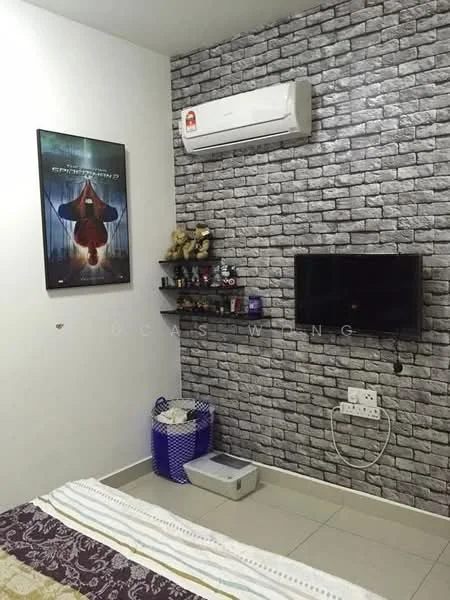 Bedroom features: exposed brick accent wall, white painted walls, wall-mounted TV, 1 wall-mounted split AC, bed with patterned bedding, decorative poster on wall, open shelving unit, floor tiles, waste basket; style: modern.