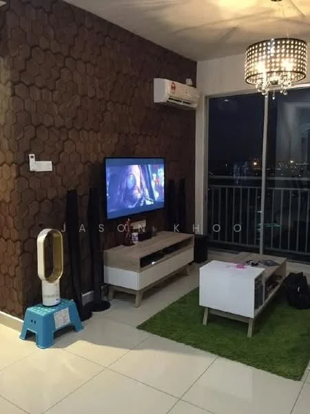Living features: wood accent wall with hexagonal pattern, white painted walls, glossy tile flooring, chandelier, wall-mounted TV, TV console in light wood, white coffee table, green area rug, floor-standing speakers, air conditioning unit, decorative fan, large glass sliding door; style: modern; view: city.