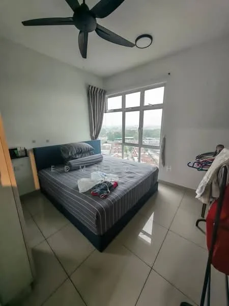 Bedroom features: king-size bed with striped bedding, 2 bedside tables, 5-blade ceiling fan, recessed ceiling light, floor-to-ceiling windows, curtains, white painted walls, glossy tile flooring, built-in wardrobe, clothes rack, decorative items on bed; style: modern; view: city.