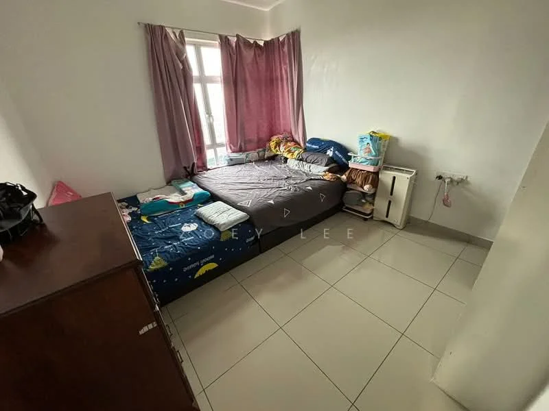Bedroom features: single bed with bedding, white painted walls, tiled flooring, curtains in pink, window with natural light, wooden wardrobe, small bedside table, decorative items on bed.