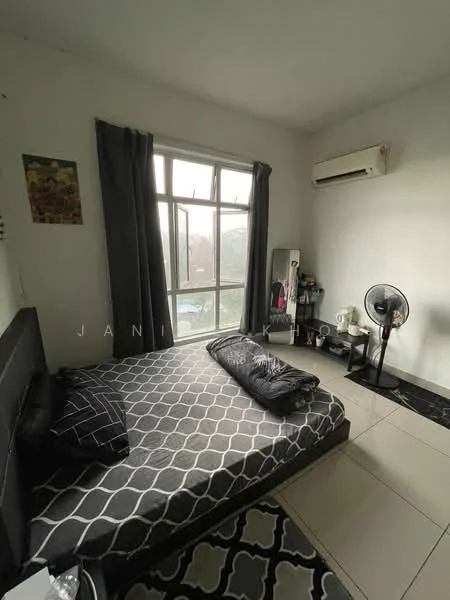Bedroom features: queen-size bed with black headboard, black and white geometric patterned bedding, floor-to-ceiling window with sheer curtains, wall-mounted split AC unit, ceiling fan, black bedside table, full-length mirror, decorative artwork on wall, light-colored walls, tile flooring; style: modern; view: garden.