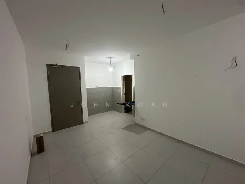 Room features: white painted walls, grey tiled flooring, ceiling lights, doorway to adjacent room, wall-mounted electrical outlets, unpainted ceiling, unfinished space, no visible furniture.