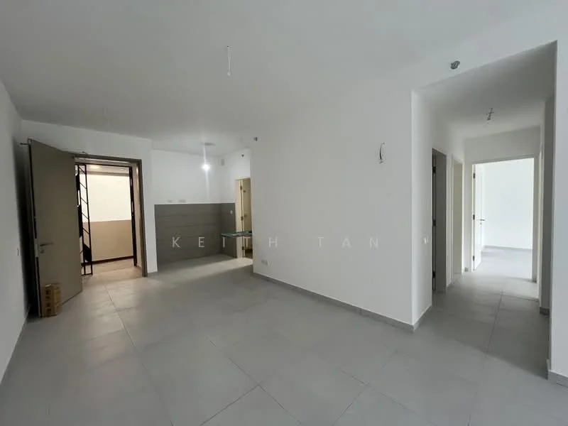 Room features: white painted walls, grey floor tiles, recessed ceiling lights, open layout, doorway leading to another room, doorway leading to kitchen area, multiple entry points, neutral color scheme; style: modern.