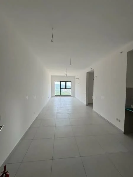 Room features: white painted walls, grey tile flooring, floor-to-ceiling window, multiple ceiling lights, open layout, no visible furniture, neutral color scheme, view of outdoor space; style: modern; view: garden.