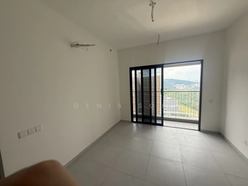 Room features: white painted walls, grey tile flooring, floor-to-ceiling windows, sliding glass door, balcony access, ceiling light fixture, no visible furniture, mounting points for electrical outlets; style: modern; view: city.