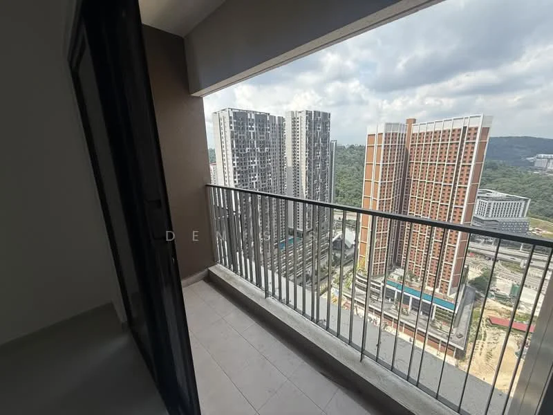Balcony features: metal railing, tile flooring, city view, high-rise building view, sliding glass door access; style: modern; view: city.