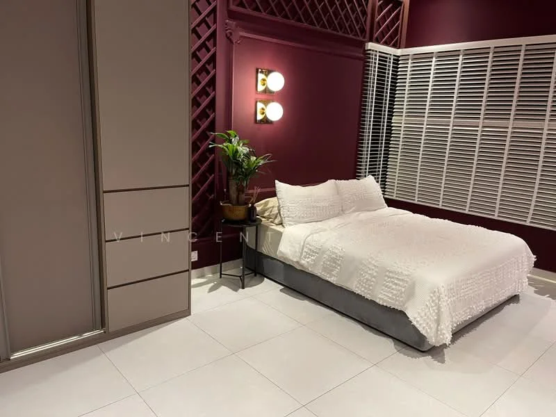 Bedroom features: king-size bed with white bedding, upholstered headboard, nightstand with lamp, built-in wardrobe with sliding doors, white tiled flooring, maroon accent wall, white wooden window shutters, decorative wall lattice, indoor plant in pot, wall-mounted light fixtures; style: modern.