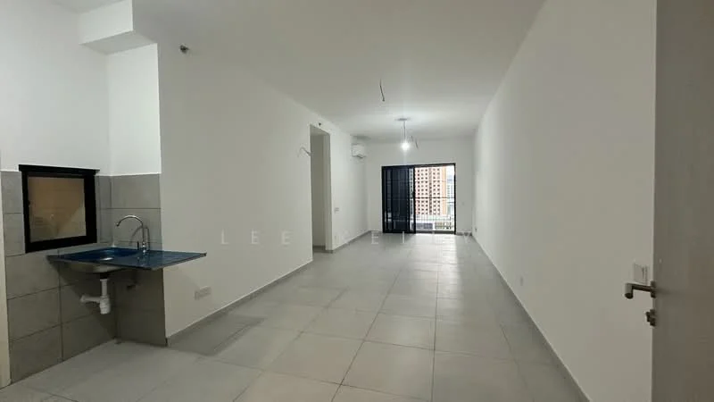 Room features: white painted walls, grey tiled flooring, single-bowl stainless-steel sink, blue countertop, window with black metal grille, recessed ceiling lights, sliding glass door leading to balcony, open layout; style: modern; view: city.