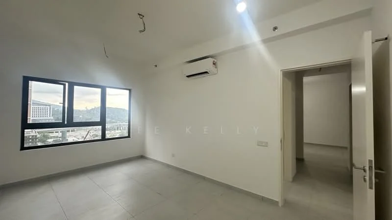 Room features: white painted walls, grey tiled flooring, 1 wall-mounted split AC, floor-to-ceiling window, natural light from window, plain ceiling with recessed lighting, door leading to another room; style: modern; view: city.