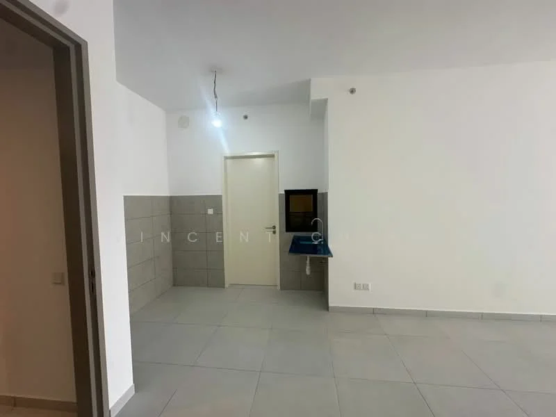 Room features: white painted walls, grey tiled flooring, single light fixture on ceiling, kitchenette with sink, wall-mounted TV, grey tiled backsplash, door leading to another room, no visible appliances; style: modern.