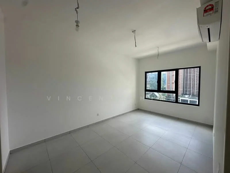 Room features: white painted walls, grey tiled flooring, floor-to-ceiling windows, 1 wall-mounted split AC, exposed light fixtures, no visible furniture or decor; style: modern; view: city.