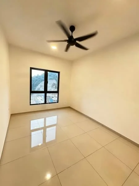 Room features: white painted walls, glossy ceramic tile flooring, 5-blade ceiling fan, floor-to-ceiling window, mountain view, recessed downlights; style: modern; view: mountain.