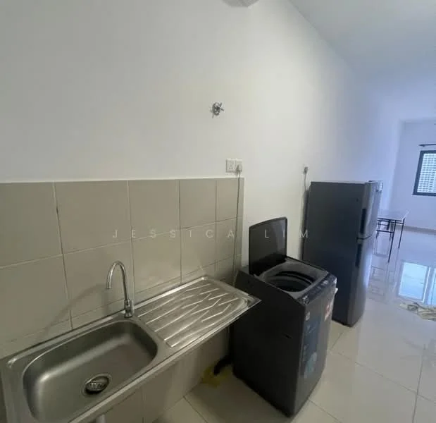 Room features: single-bowl stainless-steel sink, chrome pull-down faucet, white tiled walls, light-colored floor tiles, washing machine, stainless-steel fridge, countertop with drainage area, wall-mounted electrical outlet; style: modern.