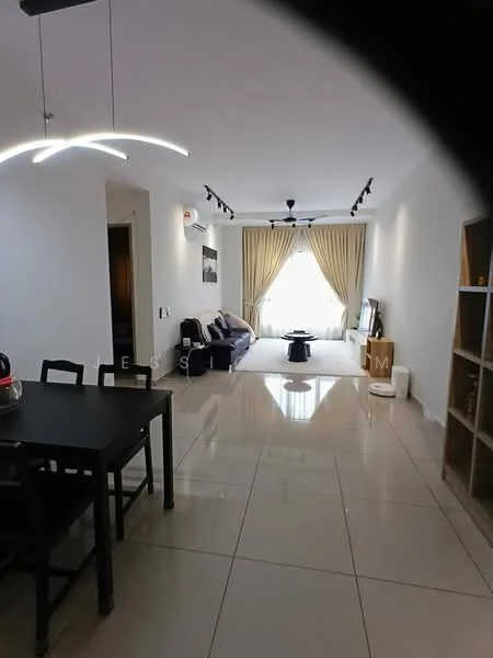 Living features: white painted walls, glossy tile flooring, 5-blade ceiling fan with light, sofa in dark blue, coffee table, TV console, wall-mounted TV, curtains in light beige, recessed lighting, decorative wall art; style: modern. Dining features: black dining table, 4 dining chairs, pendant light above table; style: modern.