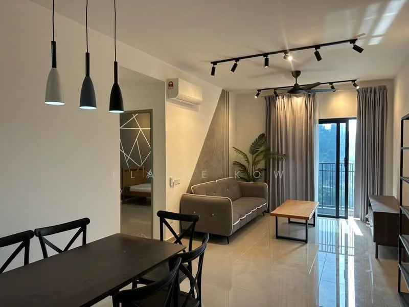 Living features: grey fabric sofa, wood coffee table, dining table with black cross-back chairs, 5-blade ceiling fan with light, recessed LED downlights, floor-to-ceiling sliding glass door, curtains, wall-mounted TV, decorative plant, polished tile flooring, accent wall with textured finish; style: modern; view: city.