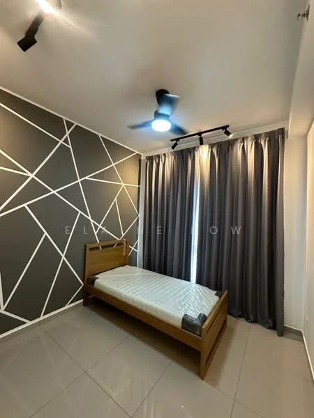 Bedroom features: single bed, grey accent wall with geometric pattern, white painted walls, floor-to-ceiling windows, grey curtains, 5-blade ceiling fan with light, polished tile flooring, track lighting; style: modern.
