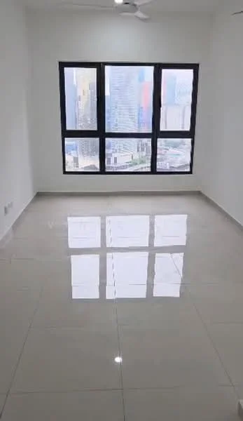 Room features: white painted walls, glossy ceramic tile flooring, floor-to-ceiling windows, city view, ceiling fan; style: modern; view: city.