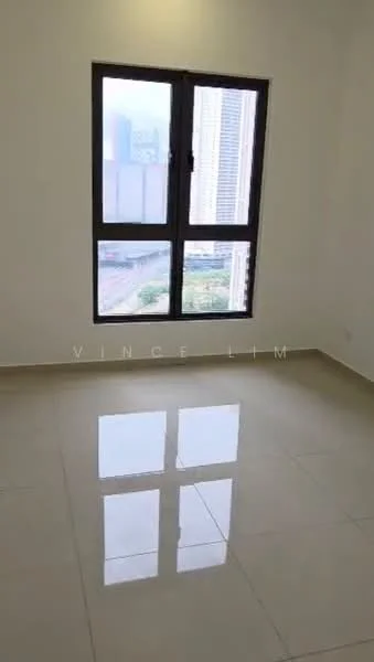 Room features: large floor-to-ceiling window, white painted walls, cream tile flooring, city view, natural light, minimalist design, no visible furniture, neutral color palette; style: modern; view: city.