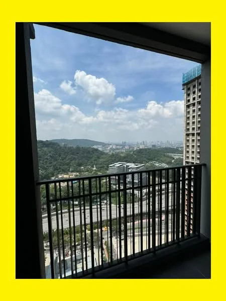 Room features: balcony with railing, city skyline view, mountain view, floor-to-ceiling sliding door, grey tiled flooring, concrete wall, outdoor space; style: modern; view: city.