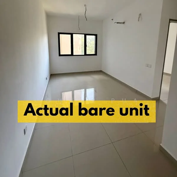 Room features: white painted walls, glossy ceramic tile flooring, large window, no visible ceiling fixtures, neutral color scheme, empty space, no furniture, smooth ceiling; style: minimalist; view: garden.