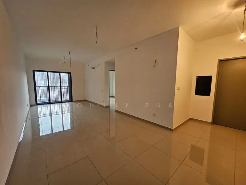 Room features: white painted walls, glossy ceramic tile flooring, recessed downlights, sliding glass door, floor-to-ceiling windows, open layout, no visible furniture, neutral color scheme; style: modern.