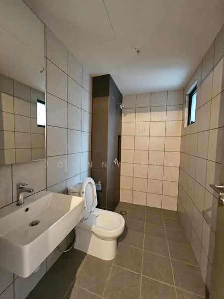 Bathroom features: wall-mounted sink, white ceramic toilet, walk-in shower with glass enclosure, grey tile flooring, beige wall tiles, mirror above sink, small window, shower head, chrome faucet, built-in shower shelf; style: modern.