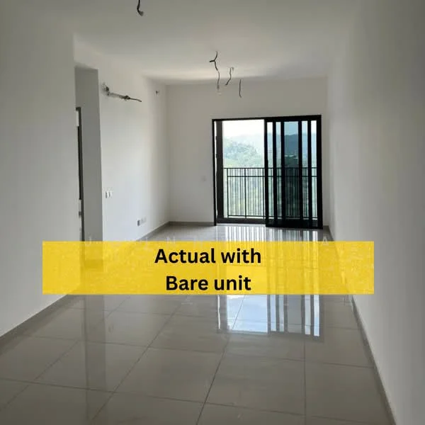 Room features: white painted walls, glossy ceramic tile flooring, floor-to-ceiling windows, balcony access, no visible fixtures or furniture, unfurnished space, neutral color scheme, high ceiling; style: modern; view: mountain.