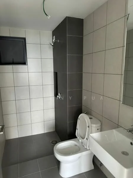 Bathroom features: grey tile flooring, white wall tiles, dark grey accent wall, single-sink vanity with white cabinet, chrome basin mixer faucet, framed mirror, one-piece toilet, shower head, shower niche, exposed plumbing, ceiling light fixture; style: modern.