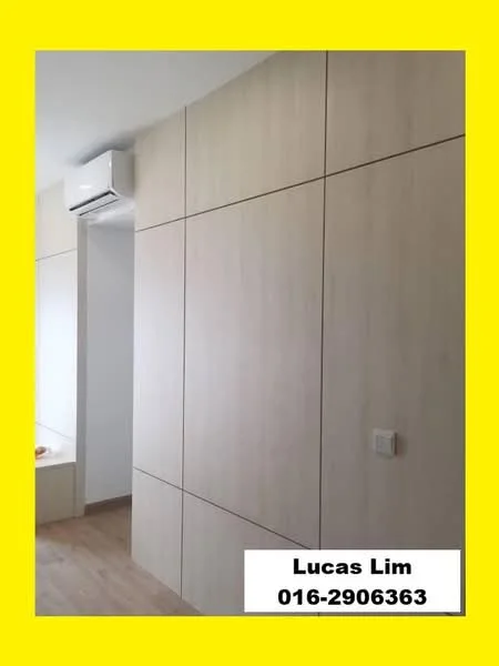 Room features: light wood paneling, wall-mounted air conditioning unit, light wood flooring, built-in cabinetry, neutral wall color, window sill, minimalist design; style: modern.