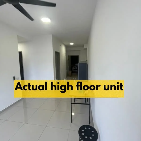 Room features: white painted walls, glossy tile flooring, ceiling light, ceiling fan, open layout, doorway to another room, window, furniture (stool and table); style: modern.