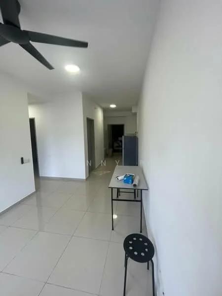 Room features: white painted walls, tile flooring, ceiling fan, recessed LED downlights, small table, black stool, doorway to other rooms, kitchenette area visible in background; style: modern.