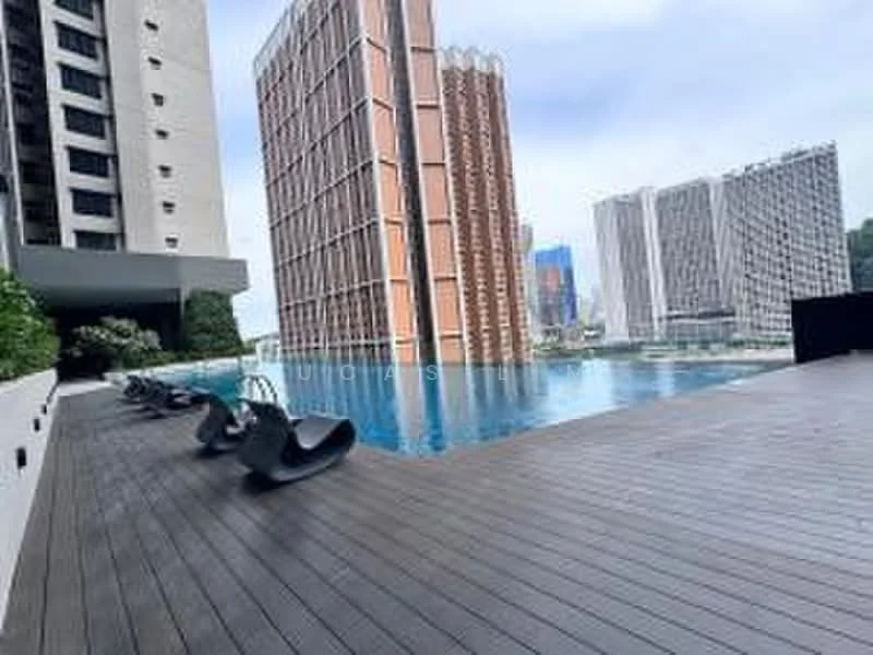 Exterior type: high-rise condominium; features: infinity pool, wooden deck, poolside loungers, surrounding high-rise buildings, city skyline in background; style: modern.
