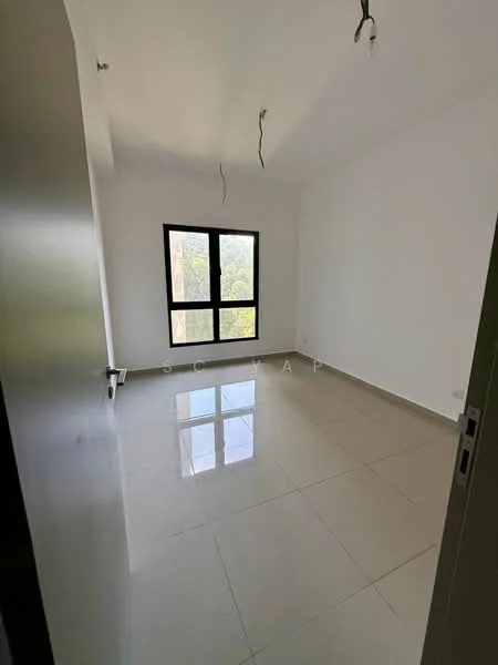 Room features: white painted walls, glossy ceramic tile flooring, large window with black frame, no visible ceiling fixtures, minimalist design, natural light from window, empty space; style: minimalist; view: garden.