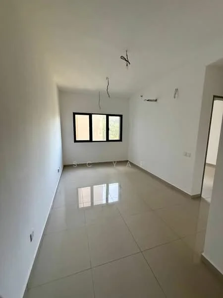 Room features: white painted walls, glossy ceramic tile flooring, large window, ceiling lights, no visible furniture, neutral color scheme, smooth ceiling, no visible decor; style: modern.