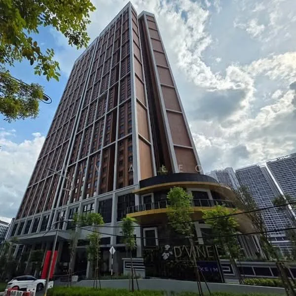 Exterior type: high-rise condominium; features: glass curtain wall, wood paneling, recessed balconies, feature lighting, manicured landscaping, surrounded by mature greenery, double-volume main lobby, porte cochère drop-off; style: modern.