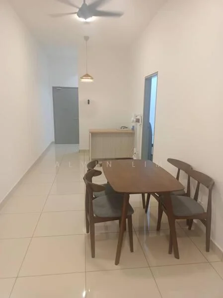Dining features: wooden dining table, 4 wooden dining chairs with grey upholstery, pendant light fixture, white painted walls, glossy ceramic tile flooring, ceiling fan, open layout to hallway, kitchen counter visible in background; style: modern. Hallway features: white painted walls, glossy ceramic tile flooring, doorway leading to kitchen, doorway leading to another room; style: modern.