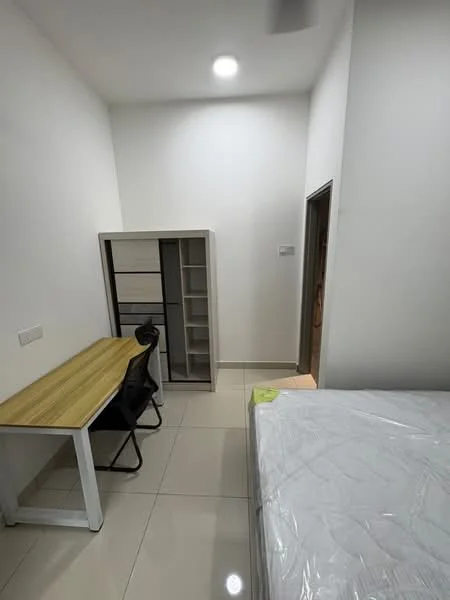 Bedroom features: white painted walls, tile flooring, single bed, wooden study desk, black office chair, built-in wardrobe with sliding doors, ceiling light, window with no visible treatment; style: modern.