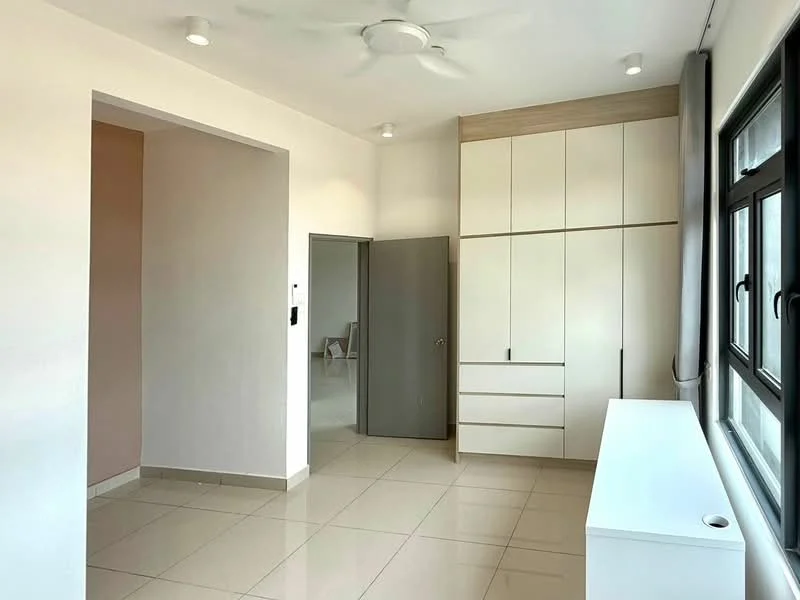 Room features: white painted walls, cream tiled flooring, ceiling fan, built-in wardrobe with multiple drawers, large windows with black frames, curtains, light fixtures, door to another room; style: modern.